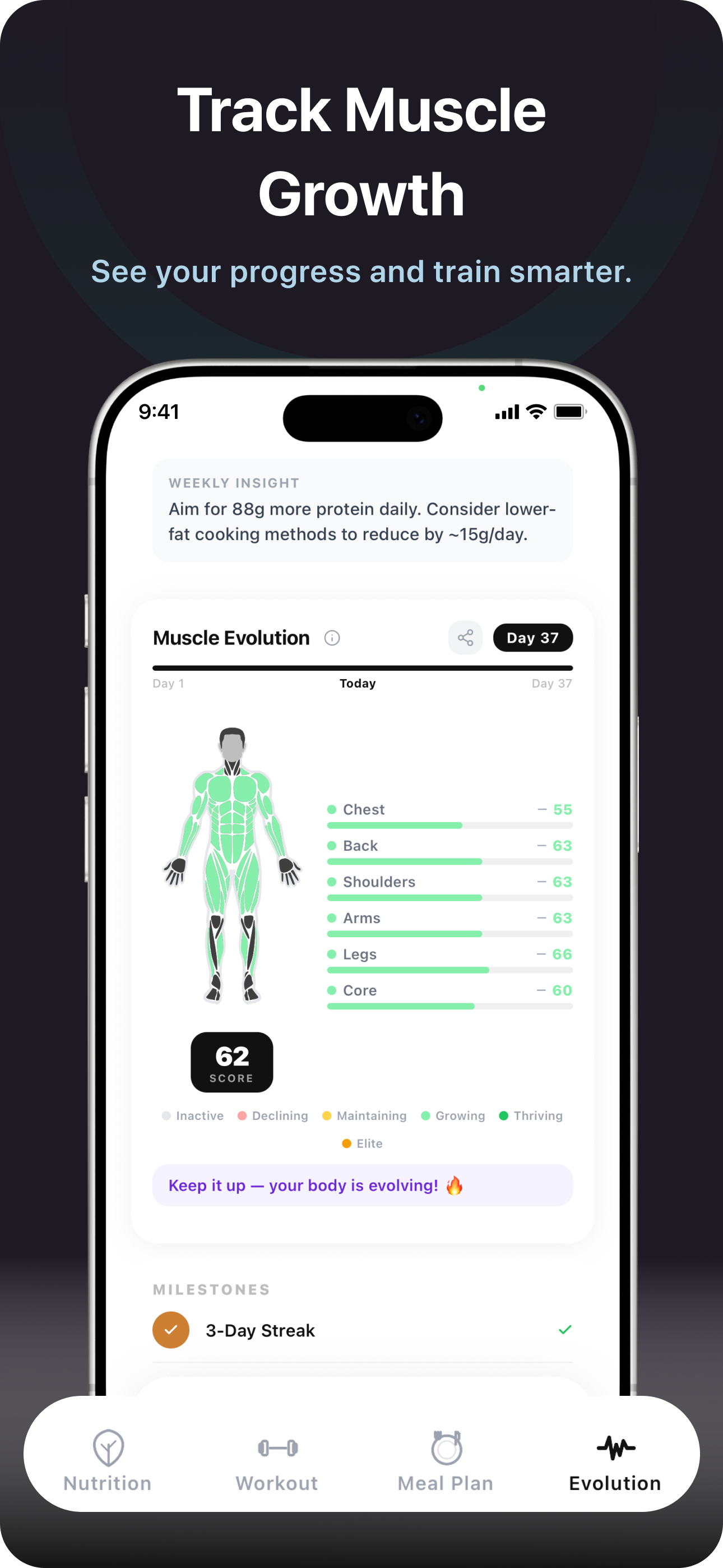 Muscle growth tracking — per-muscle-group progress visualization with weekly insights